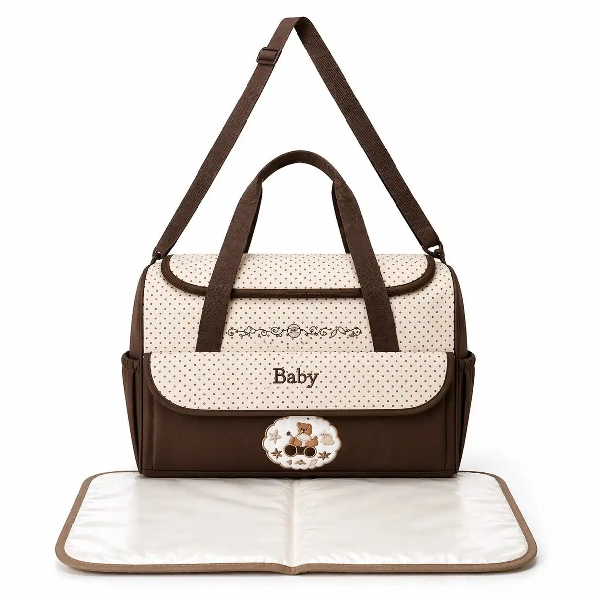 Brown Baby Diaper Bag with Changing Mat Adjustable Shoulder Strap and Multiple Storage Compartments