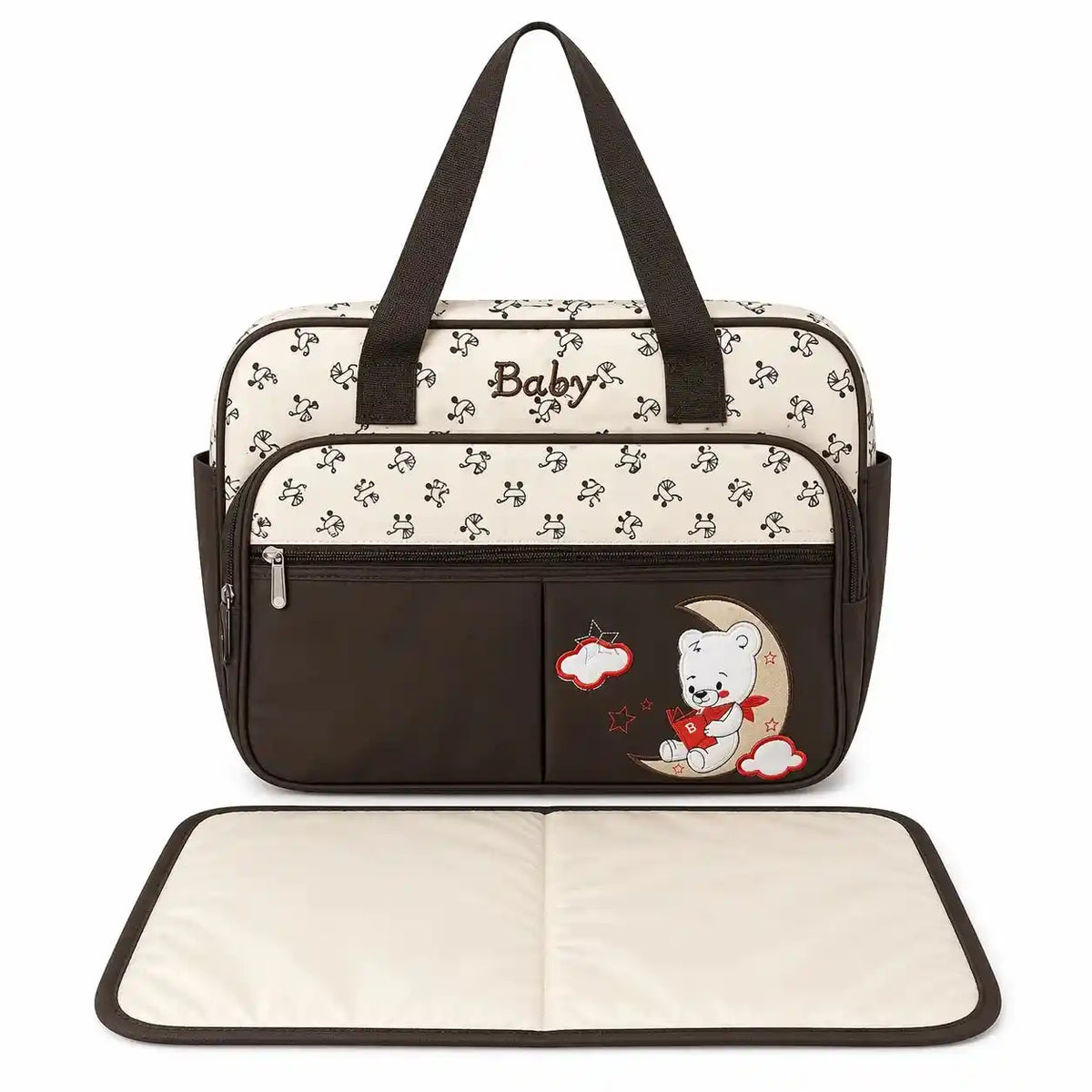 Black baby diaper bag with baby print design and matching changing sheet