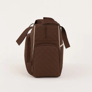 Chocolate brown large-capacity baby diaper bag side view with shoulder strap