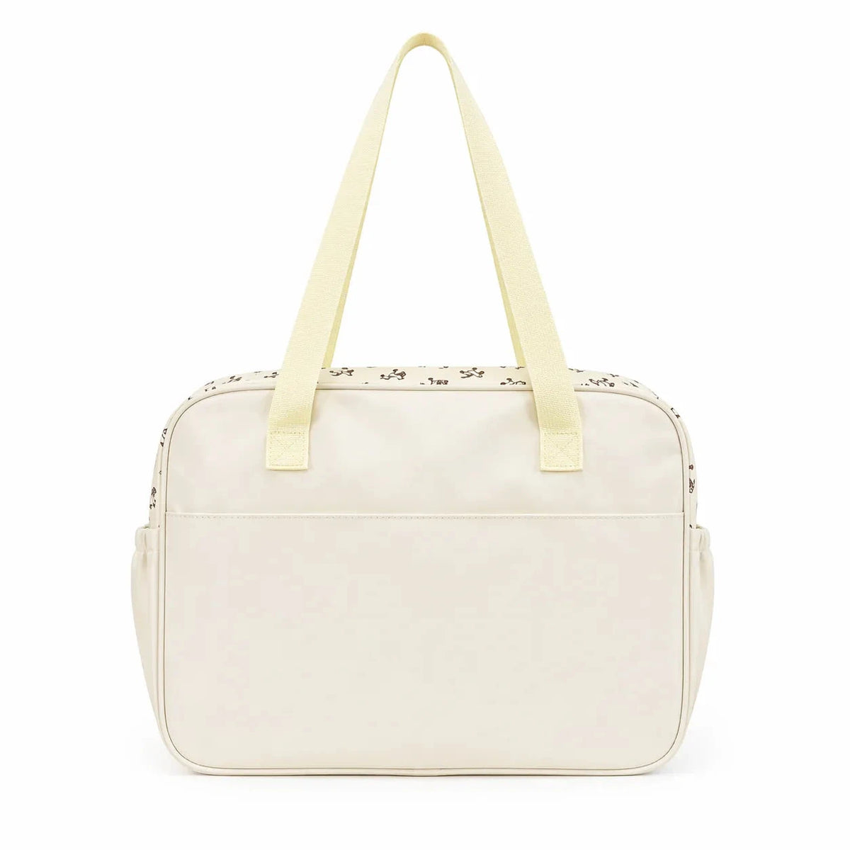 Cream baby diaper bag back view with strong carry handles