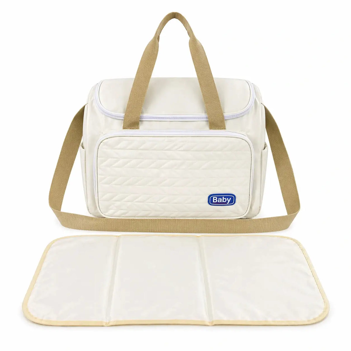 Beige water-resistant baby diaper bag with carry handles and changing mat