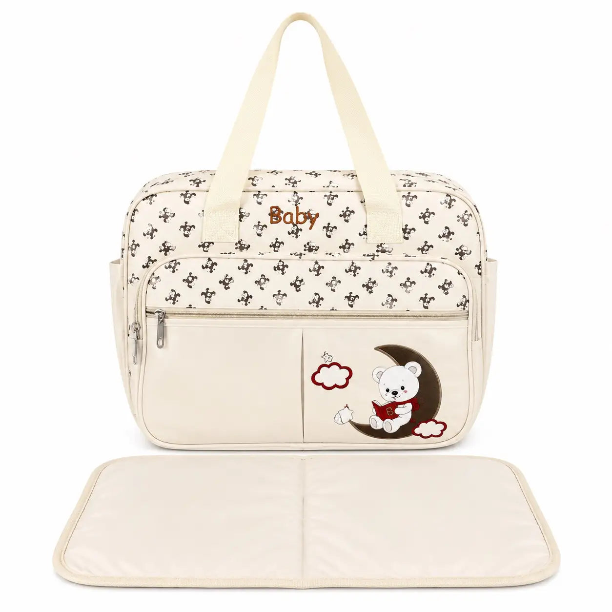 Cream baby print diaper bag with matching foldable changing sheet