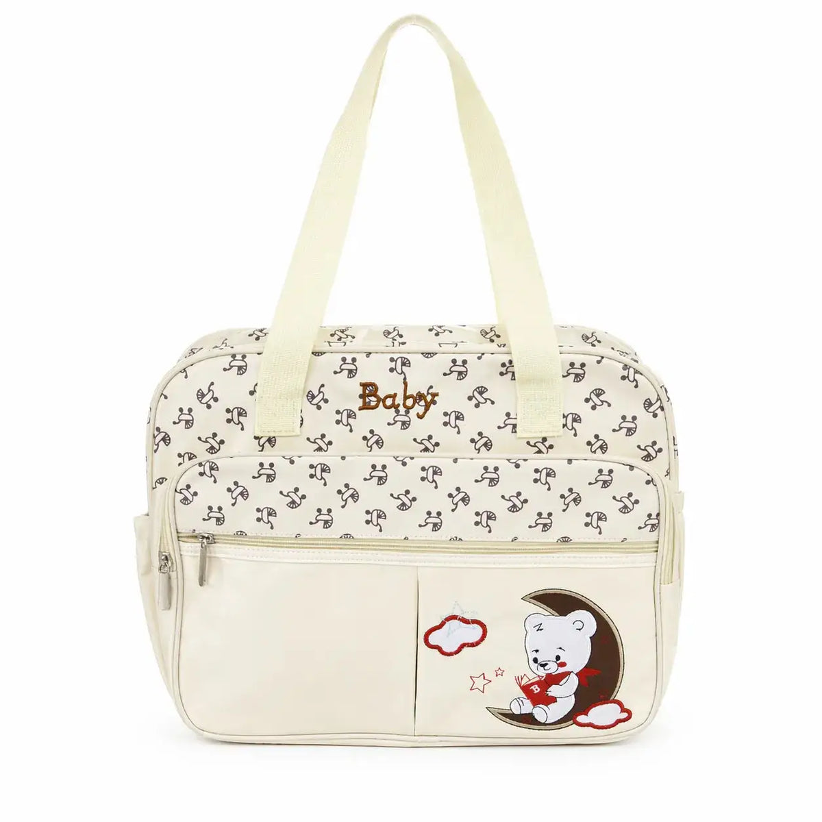 Cream baby print diaper bag front view with spacious storage compartment