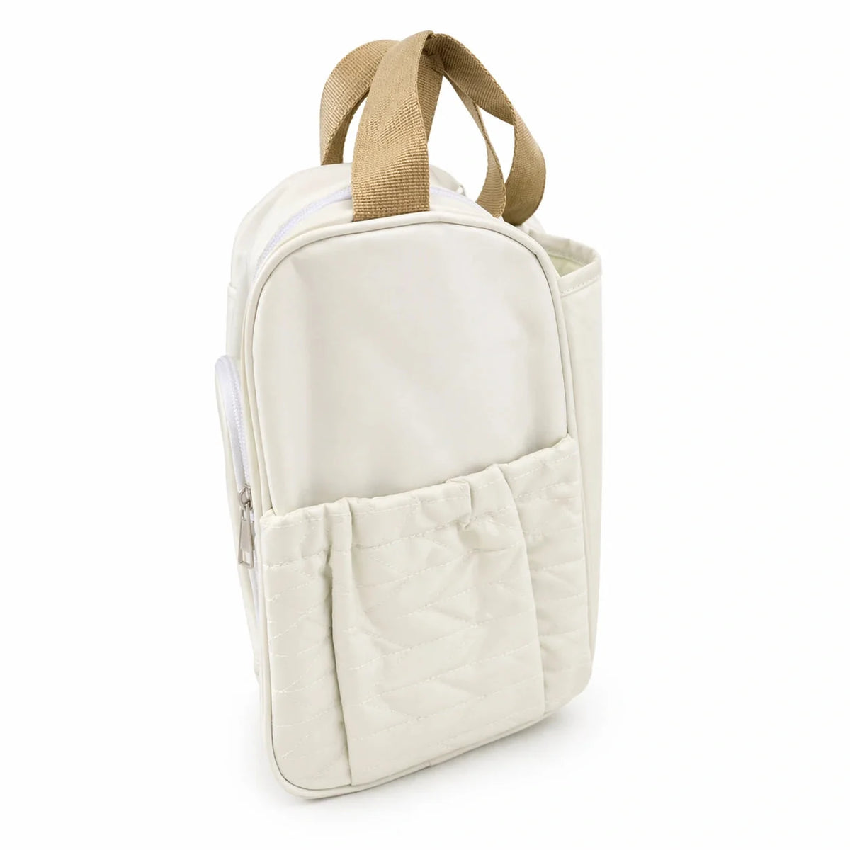 Beige baby diaper bag side view showing compact storage design