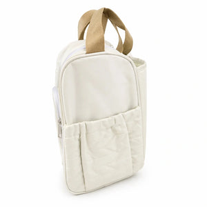 Beige baby diaper bag side view showing compact storage design