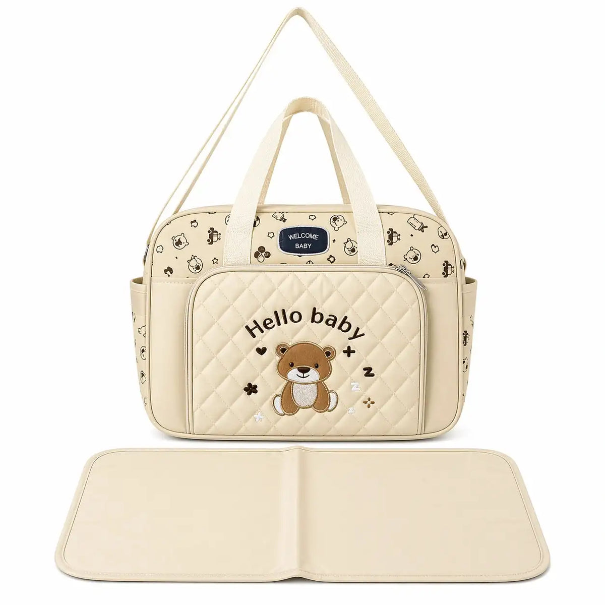 Beige waterproof baby diaper bag with multiple pockets and foldable changing mat