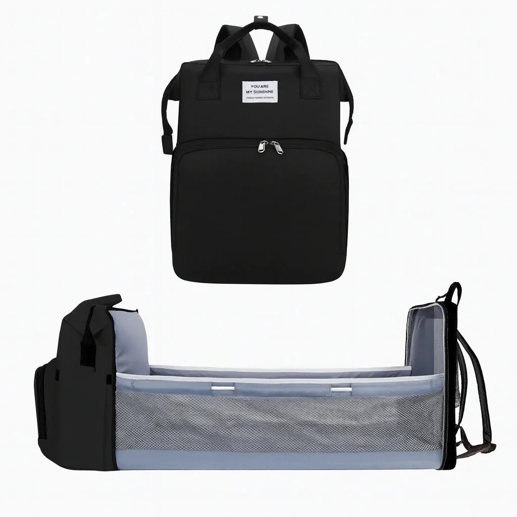 Black baby diaper backpack with foldable baby bed and mesh side panels