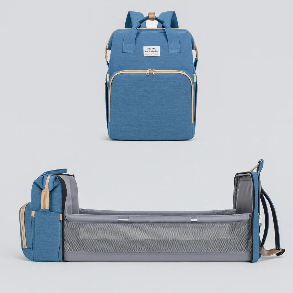 Blue baby diaper backpack with foldable baby bed and mesh side panels