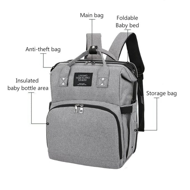 Grey baby diaper backpack with foldable baby bed, insulated bottle area, anti-theft pocket and storage compartments