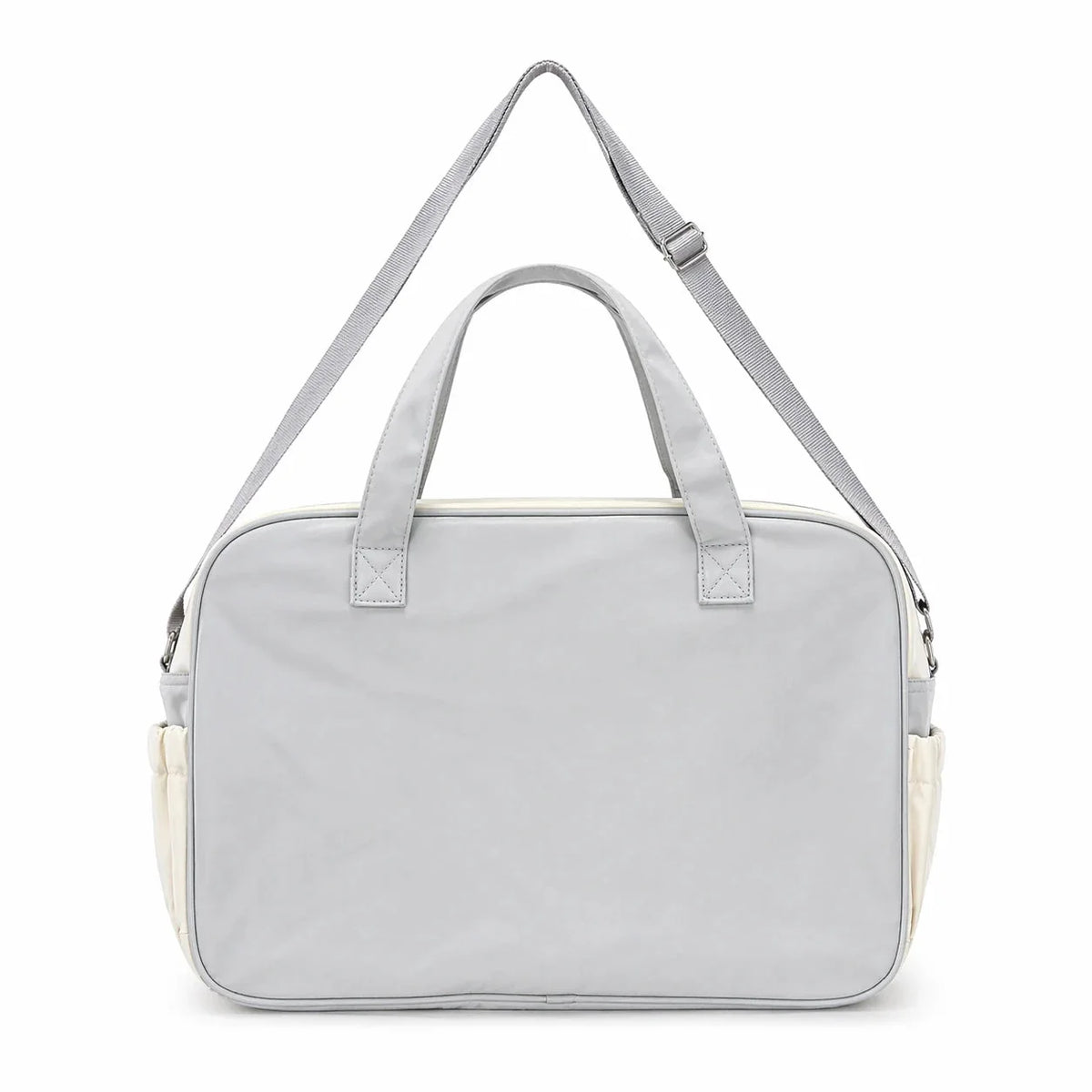 Grey baby diaper bag back view with strong carry handles and shoulder strap