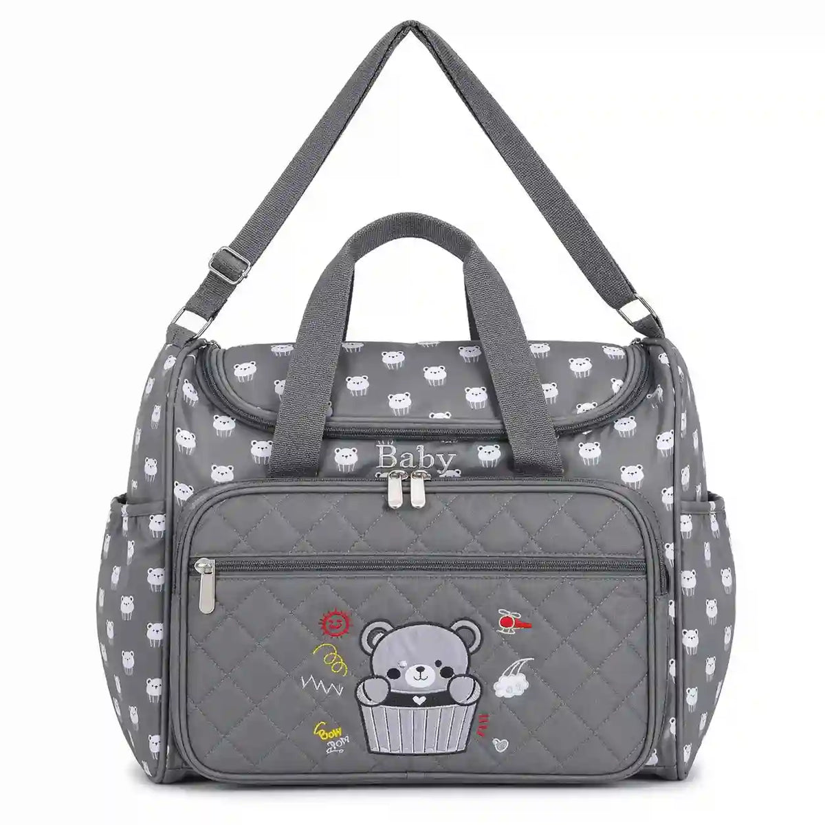 Grey Baby Diaper Bag with Spacious Compartments Hand Carry Handles and Adjustable Shoulder Strap
