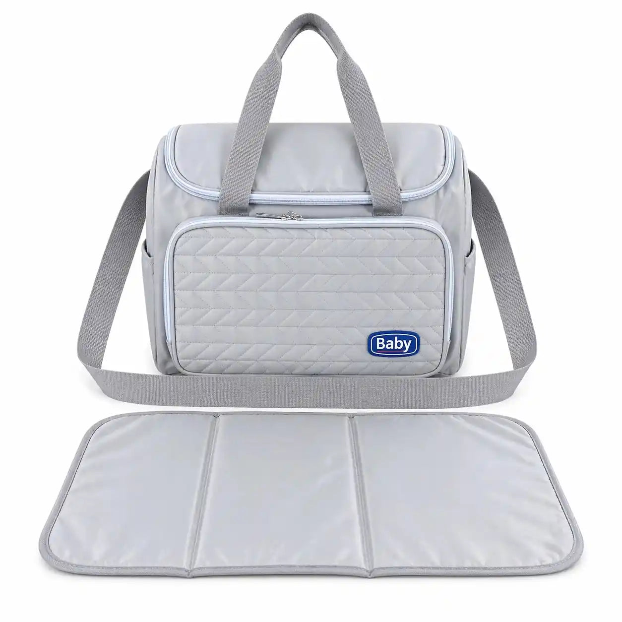 Grey baby diaper bag with multiple compartments and matching foldable changing mat