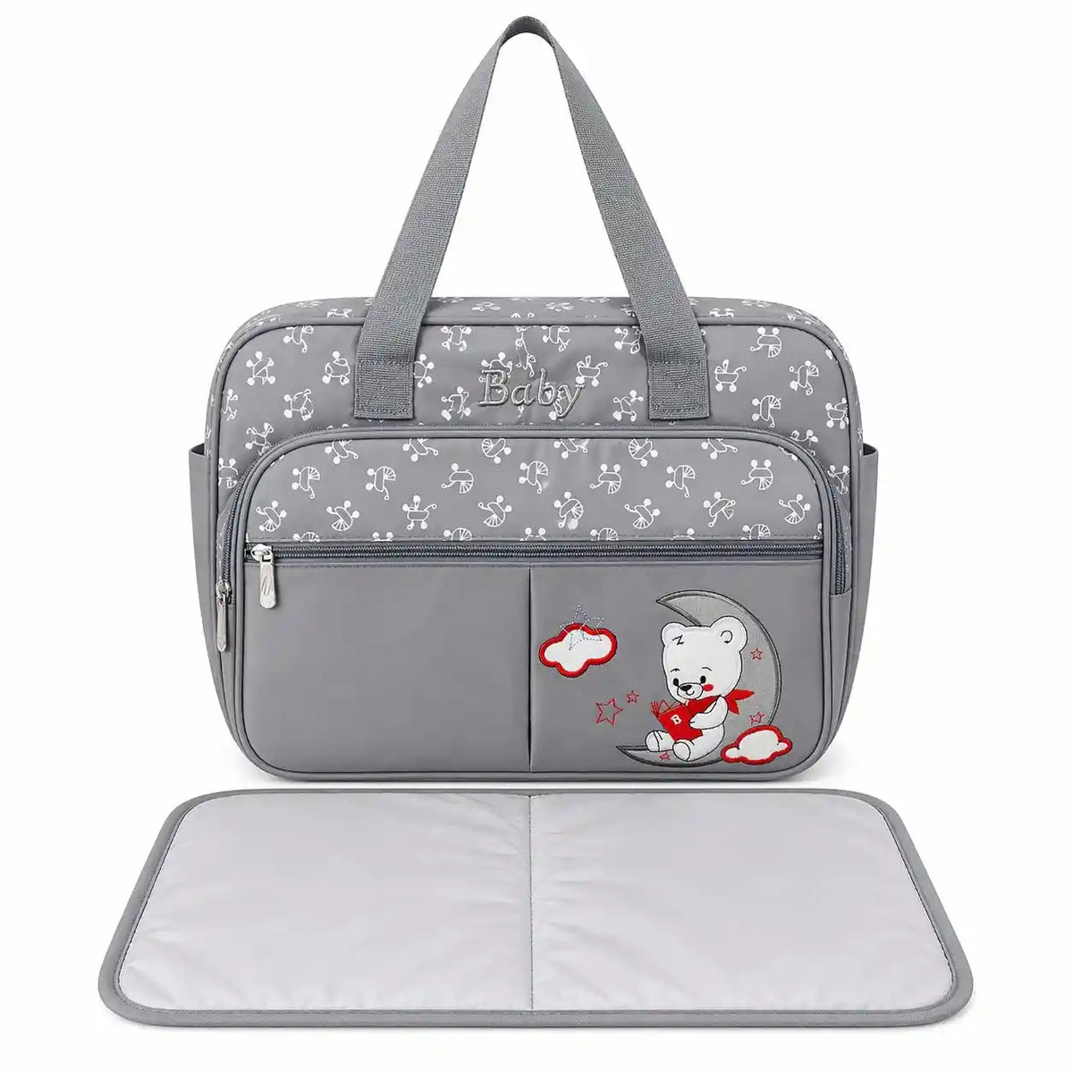 Grey baby diaper bag with multiple compartments and matching changing sheet