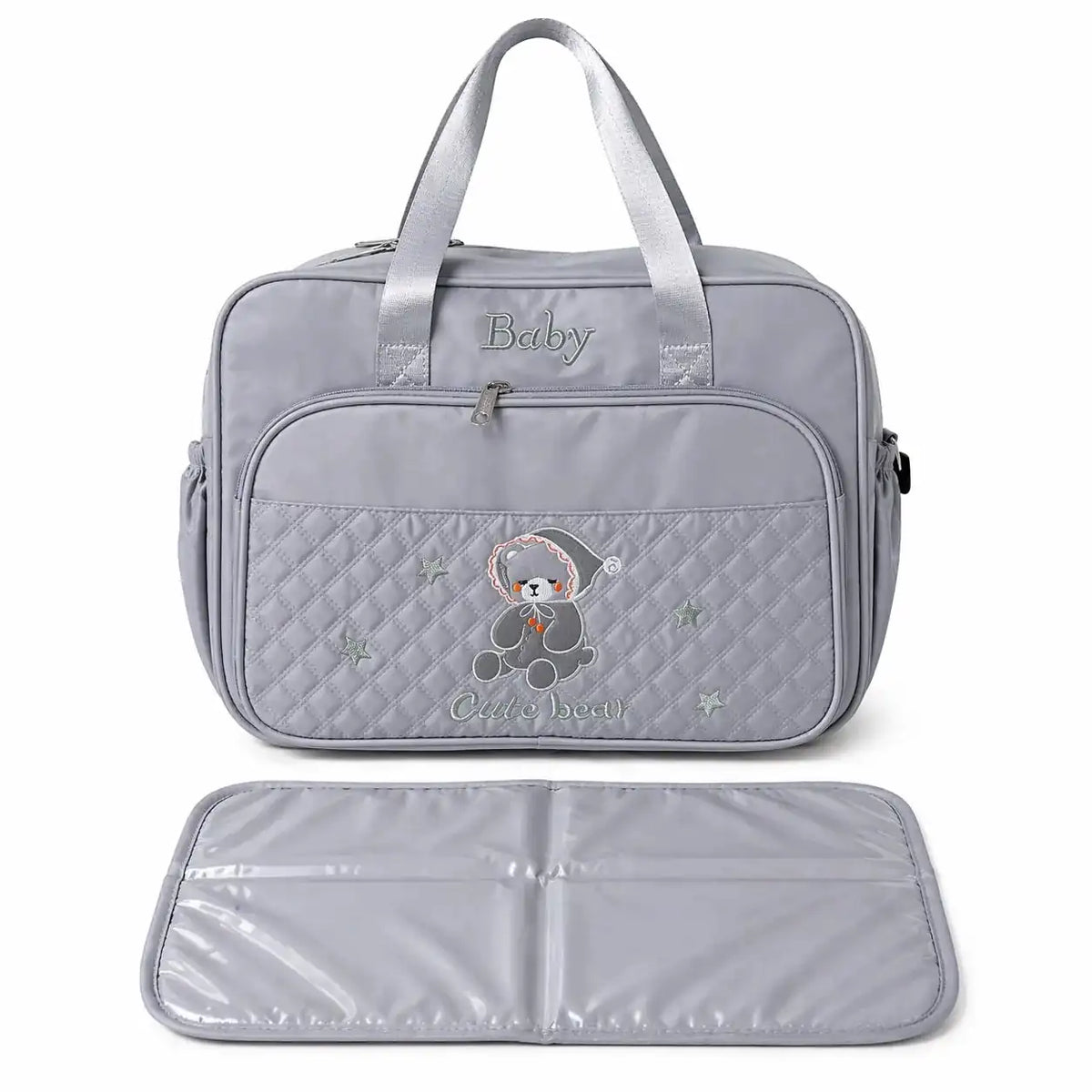 Grey Baby Diaper Bag with Waterproof Changing Mat Spacious Storage and Bottle Pockets for Travel