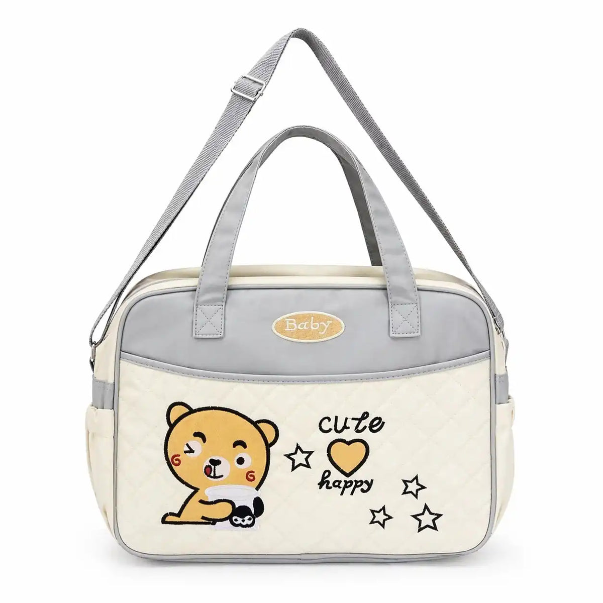 Cream baby diaper bag with bear design, spacious storage and shoulder strap