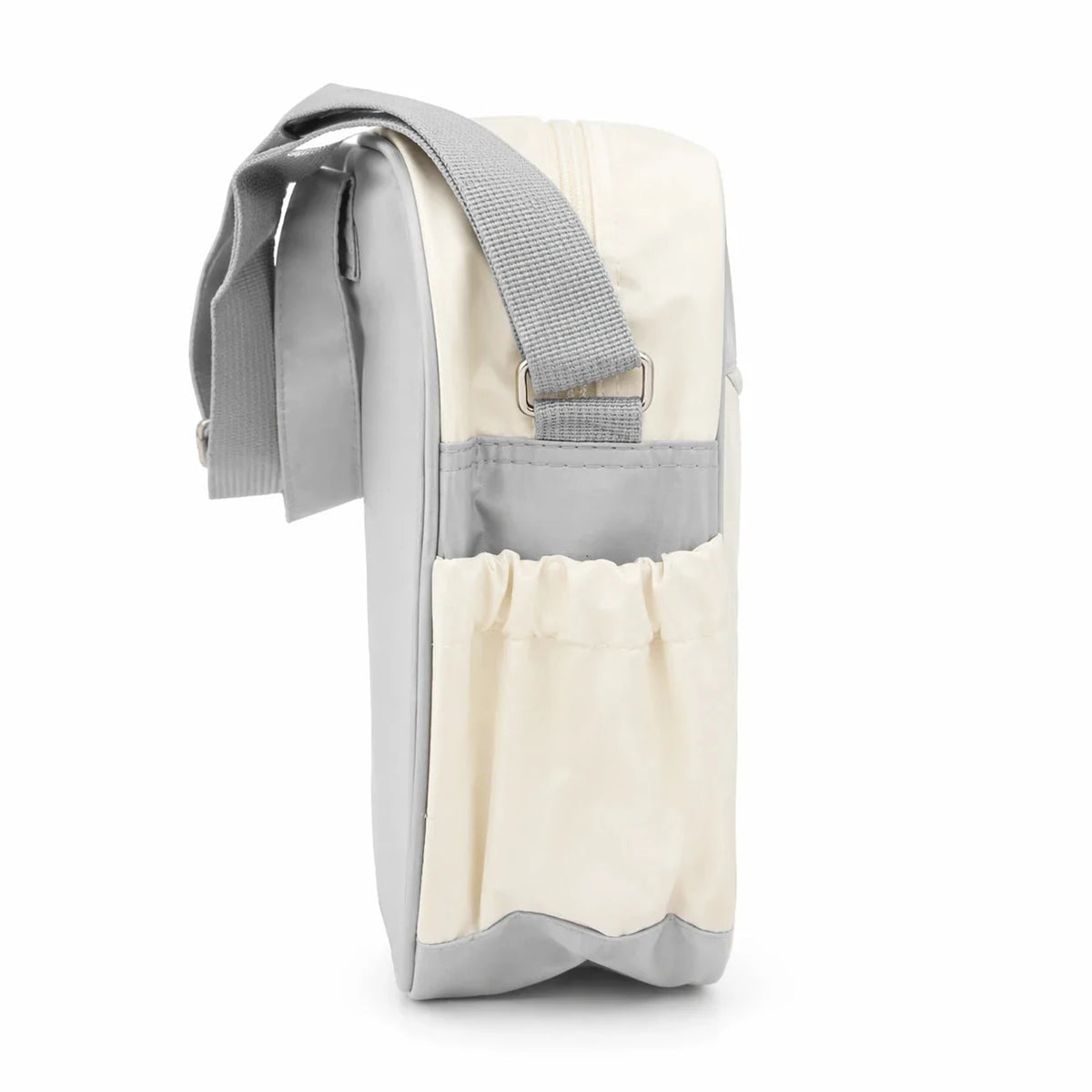 Cream baby diaper bag side view showing adjustable shoulder strap