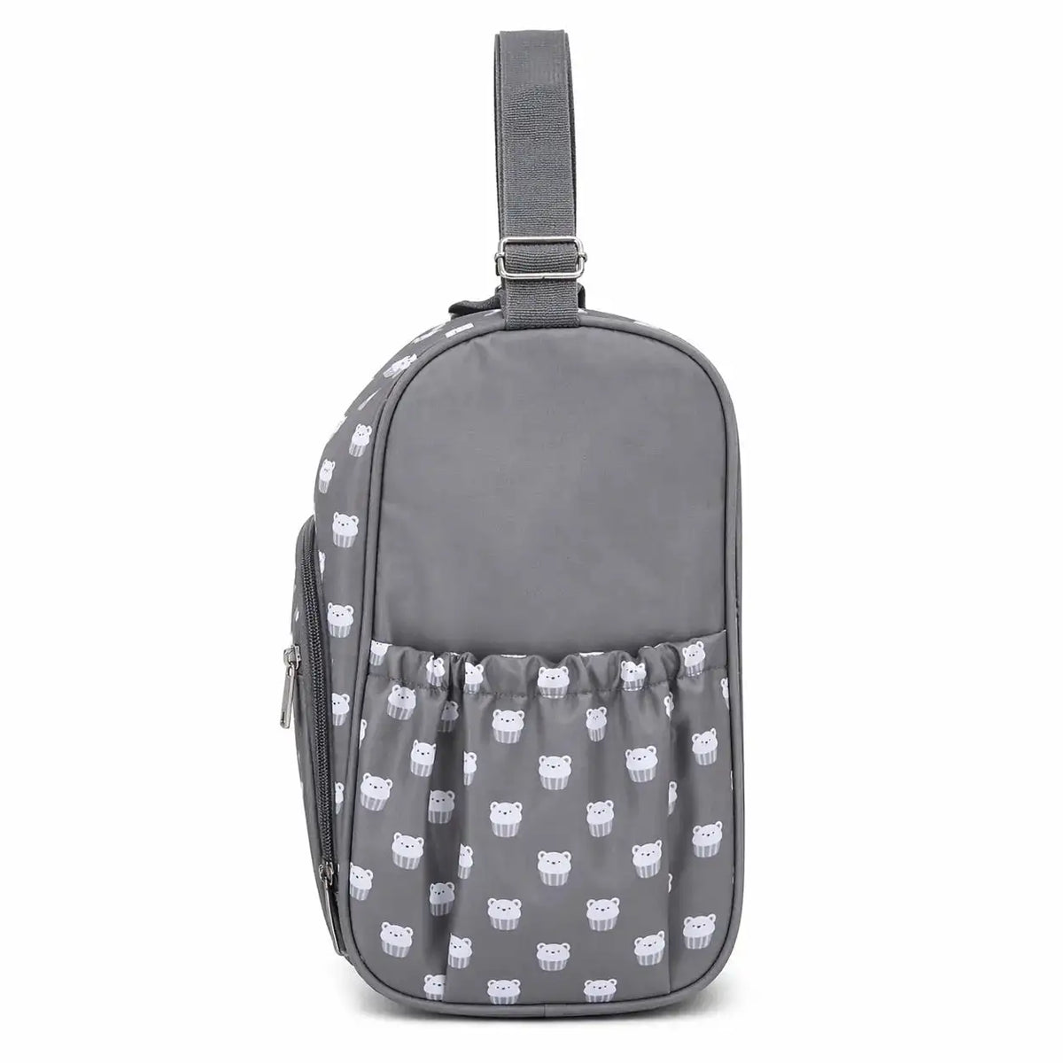 Grey Baby Diaper Bag Side View Showing Compact Design and Storage Pocket for Travel