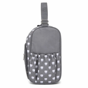 Grey Baby Diaper Bag Side View Showing Compact Design and Storage Pocket for Travel