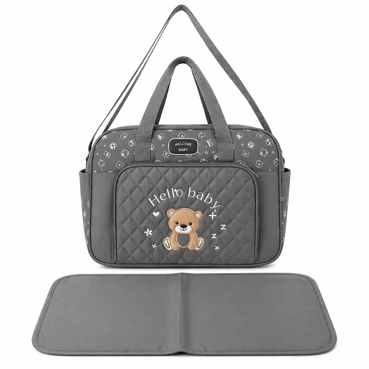 Grey baby diaper bag with adjustable shoulder strap and matching changing mat