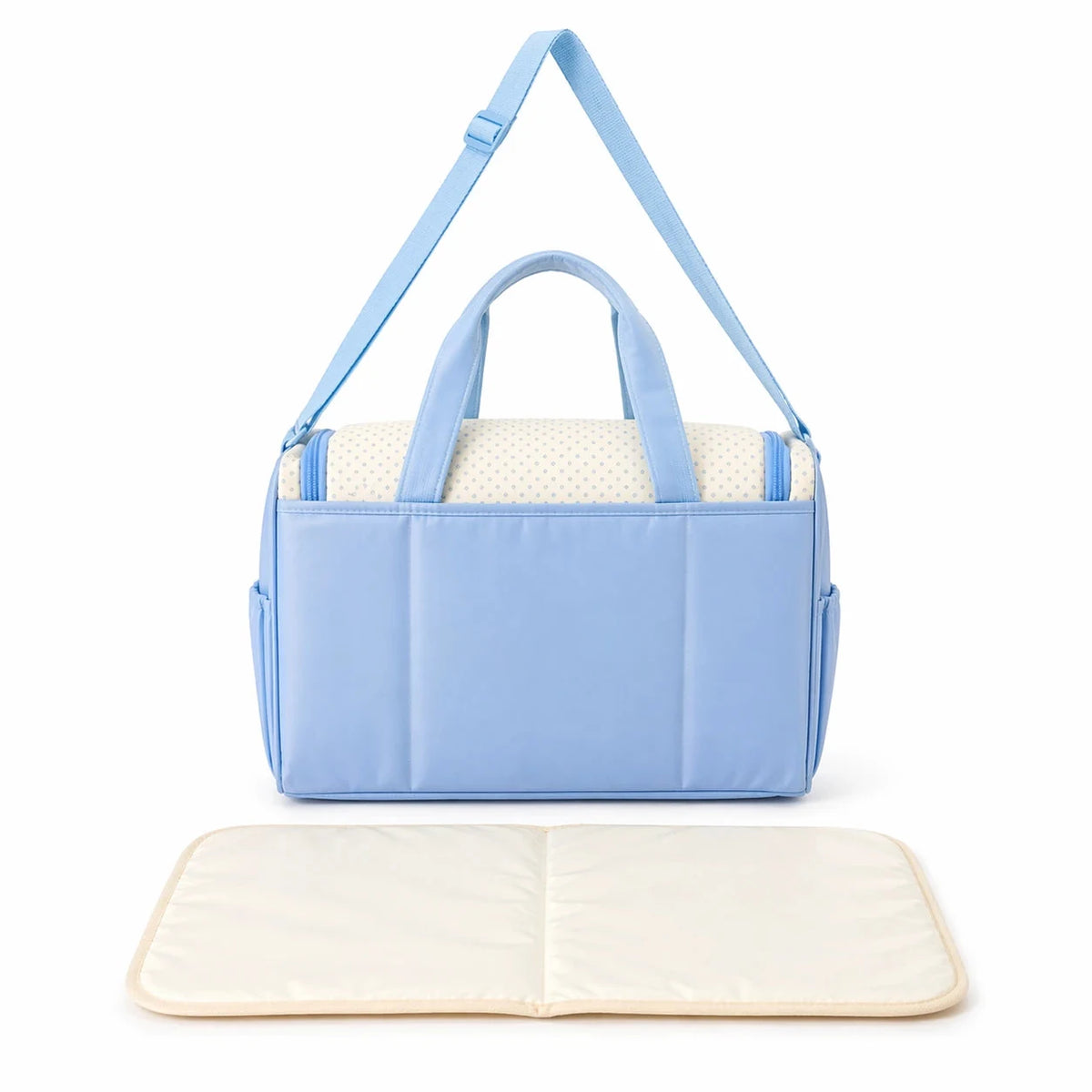 Sky Blue Baby Diaper Bag Front View with Included Changing Mat and Spacious Storage Compartments