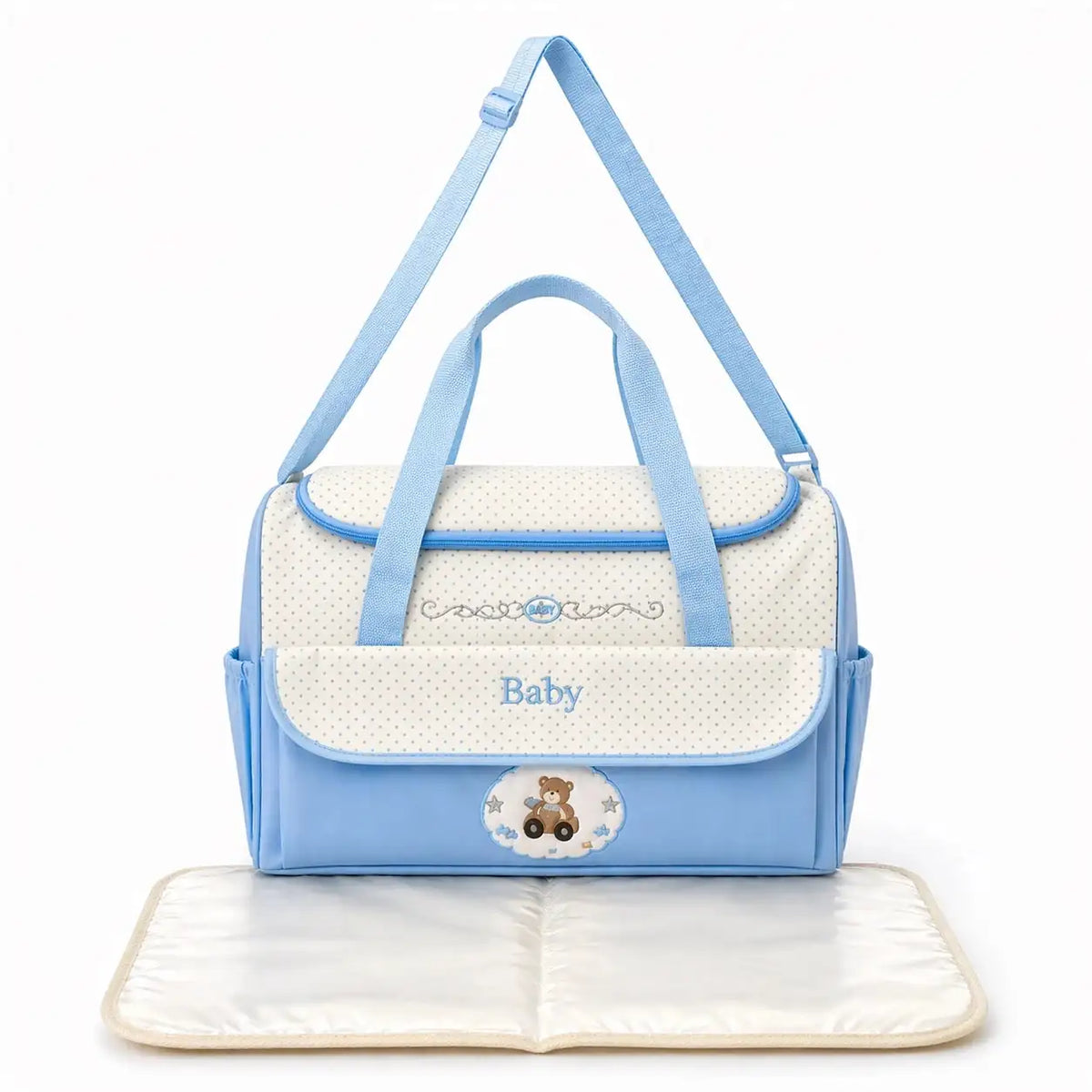 Sky Blue Baby Diaper Bag with Changing Mat Spacious Compartments and Adjustable Shoulder Strap