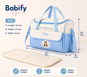 Baby Diaper Bag Size Guide Showing 16 Inch Length 12 Inch Height and 8 Inch Width