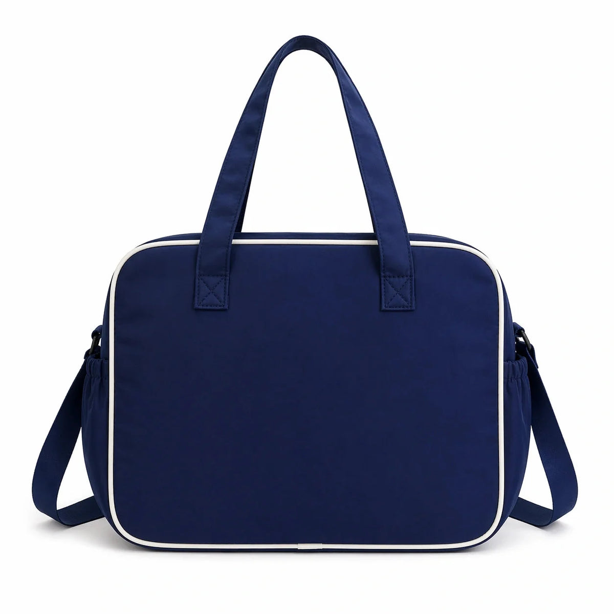 Navy blue baby diaper bag back view with adjustable shoulder strap