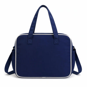 Navy blue baby diaper bag back view with adjustable shoulder strap