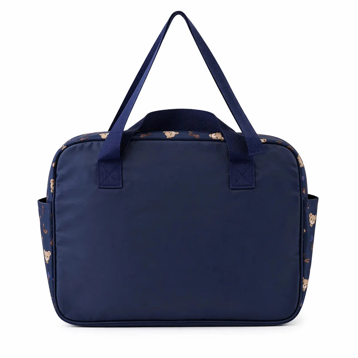 Navy blue teddy baby diaper bag back view with strong carry handles
