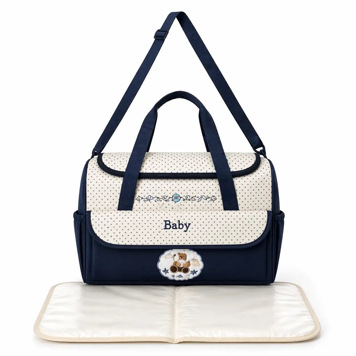 Navy Blue Baby Diaper Bag with Changing Mat Multiple Pockets and Adjustable Shoulder Strap for Travel