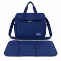 Navy blue water-resistant baby diaper bag with shoulder strap and foldable changing mat