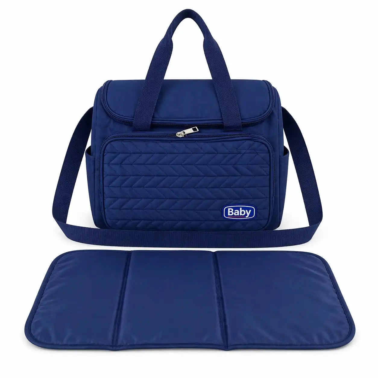 Navy blue water-resistant baby diaper bag with shoulder strap and foldable changing mat