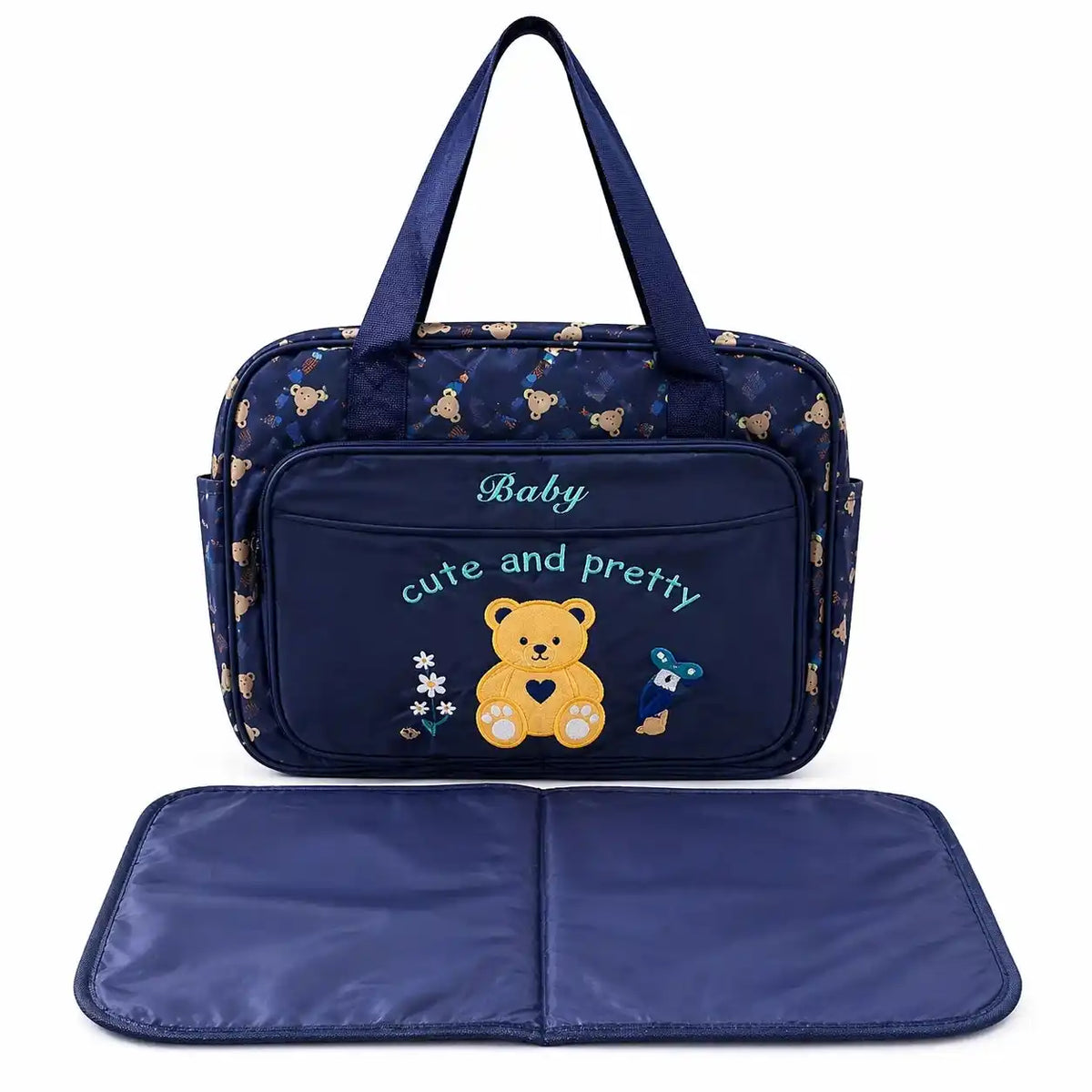 Navy blue teddy baby diaper bag with soft foldable changing mat