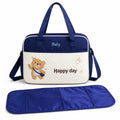 Navy blue premium baby diaper bag with teddy design, shoulder strap and matching changing mat