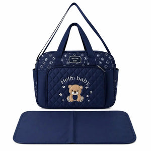 Navy blue baby diaper bag with shoulder strap and matching changing mat