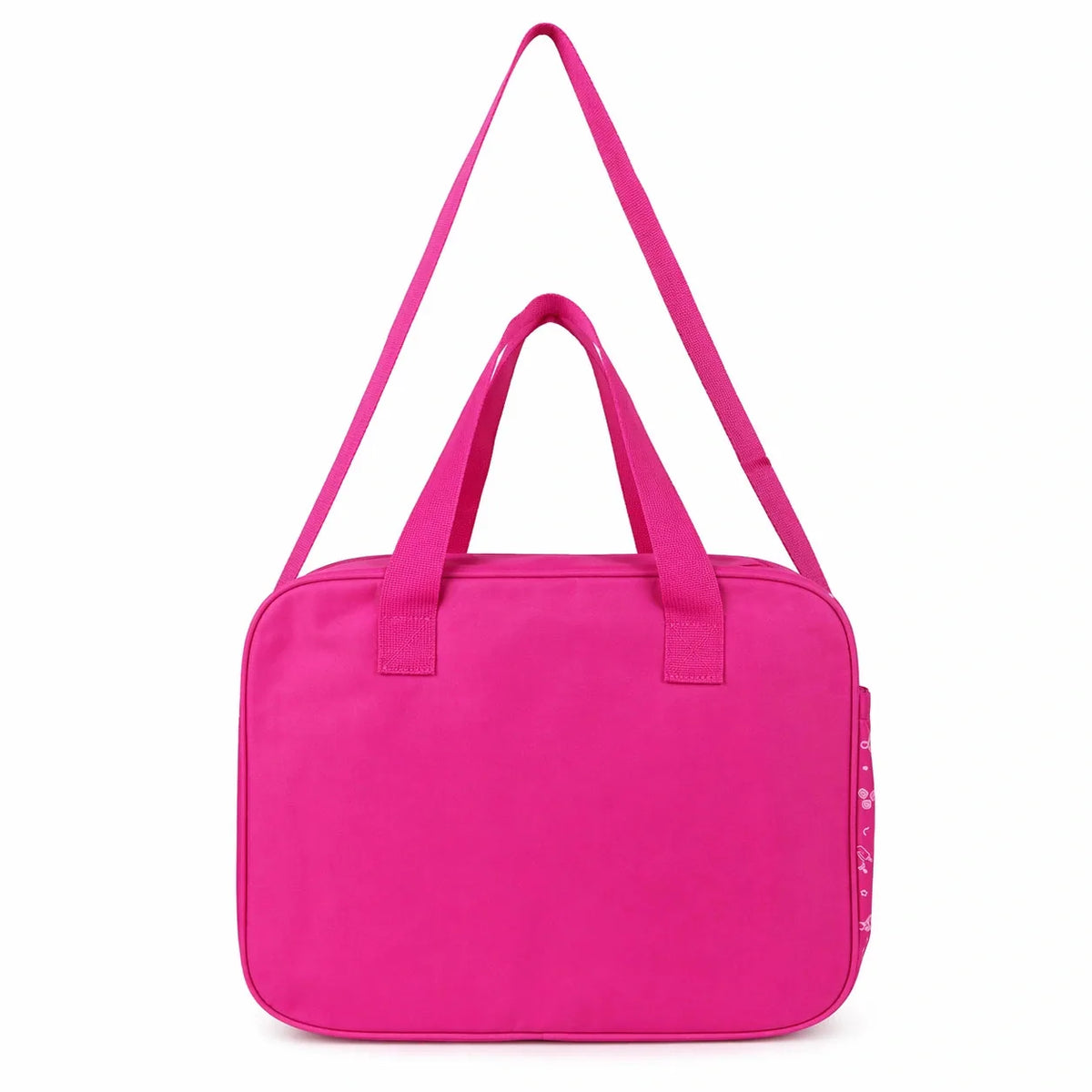 Bright pink waterproof baby diaper bag back view with strong carry handles