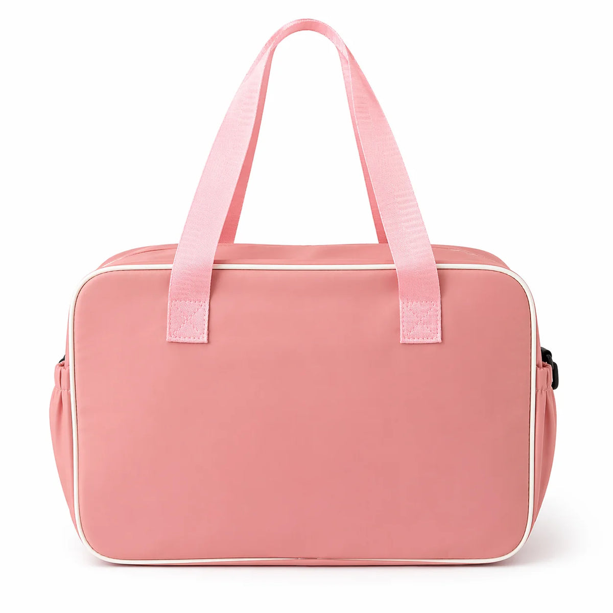 Pink Baby Diaper Bag Back View Showing Durable Water Resistant Material and Comfortable Carry Handles