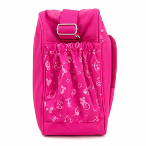 Bright pink baby diaper bag side view showing compact organized storage