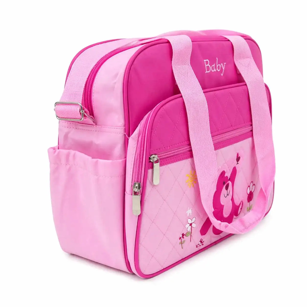 Pink Baby Diaper Bag Side View Showing Spacious Storage Compartments and Durable Travel Design