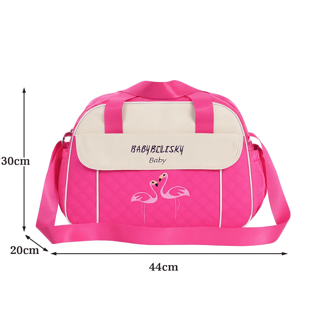 Pink baby diaper bag size details, 44 x 30 x 20 cm
