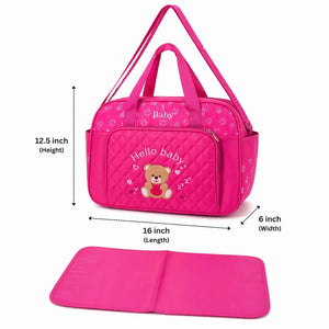 Bright pink baby diaper bag size details with matching changing mat