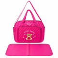 Bright pink waterproof baby diaper bag with teddy design and foldable changing mat