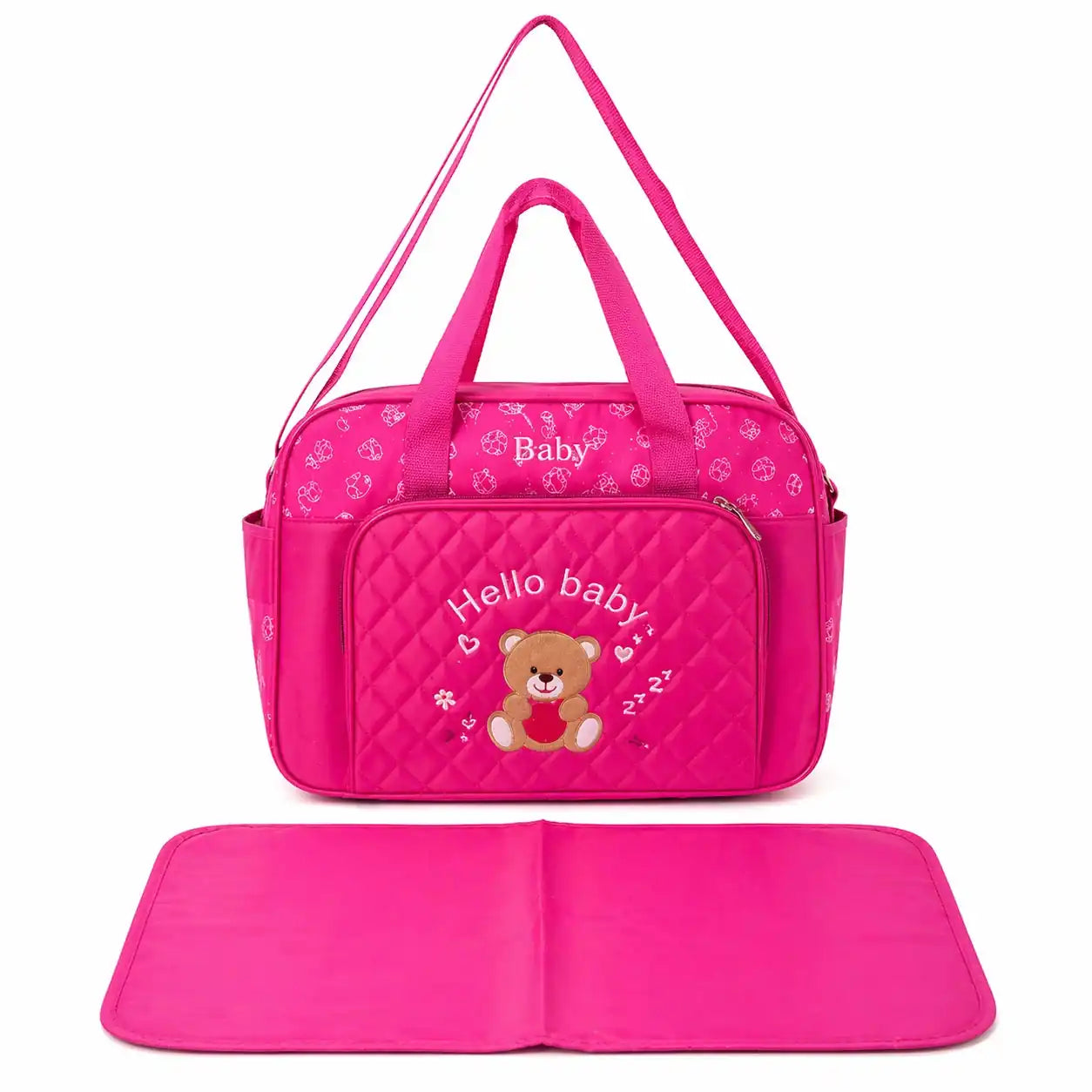 Bright pink waterproof baby diaper bag with teddy design and foldable changing mat