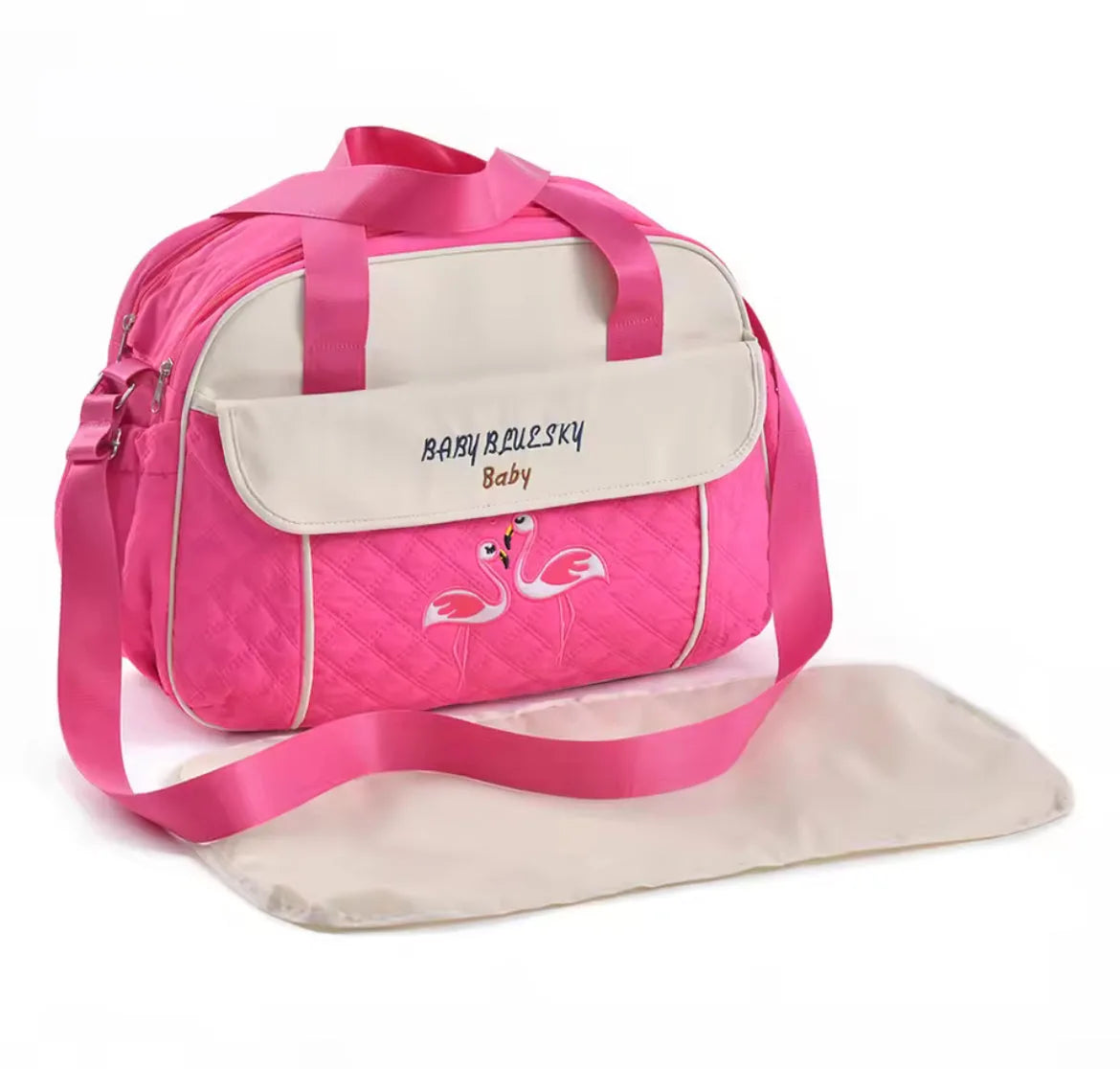 Large capacity pink baby diaper bag with shoulder strap and matching changing pad