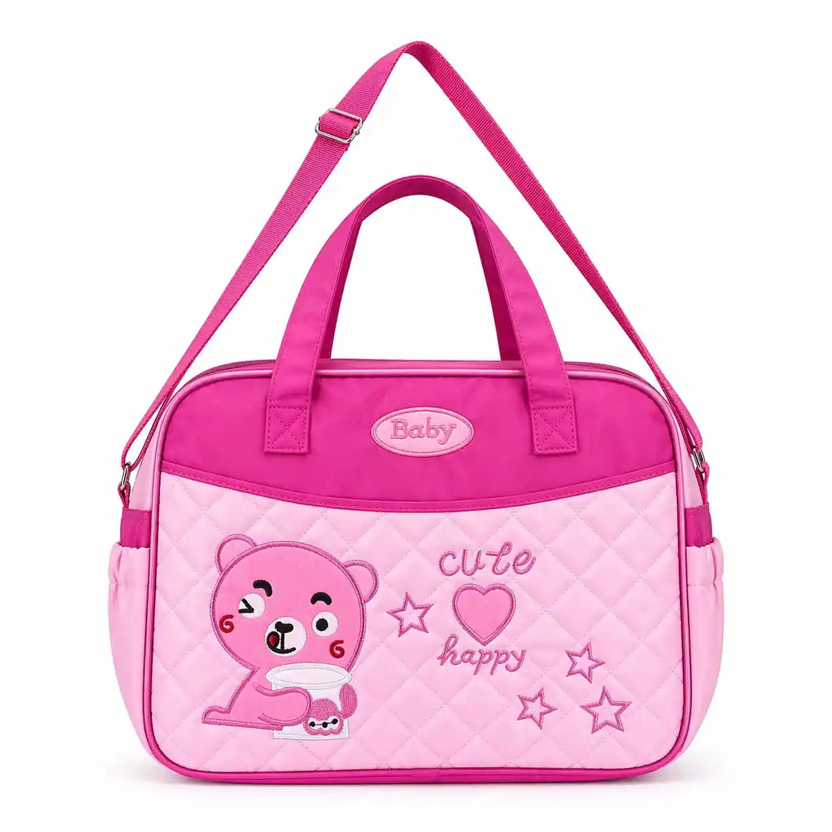 Pink baby diaper bag with cute bear design and comfortable carry handles