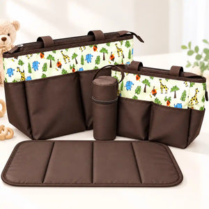 4-piece brown baby diaper bag set with animal print, two matching diaper bags, bottle holder and padded changing mat