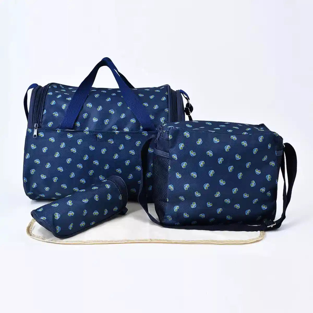 Dark blue 4-piece baby travel organizer bag set showing large and small bags