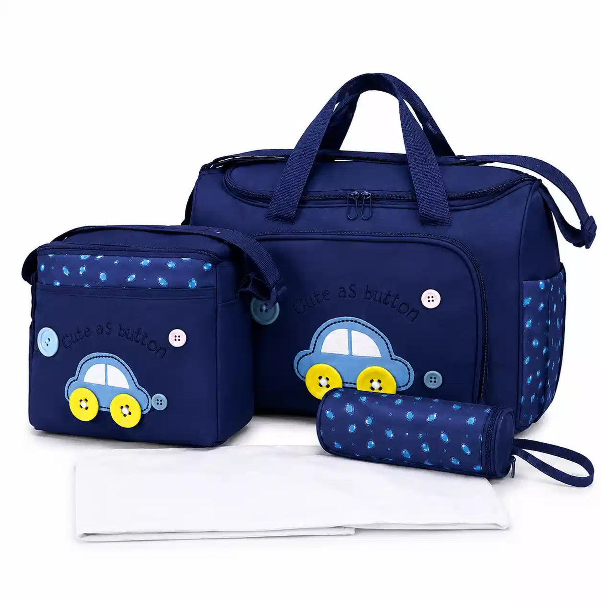 Dark blue 4-piece baby travel organizer bag set with changing pad and bottle cover