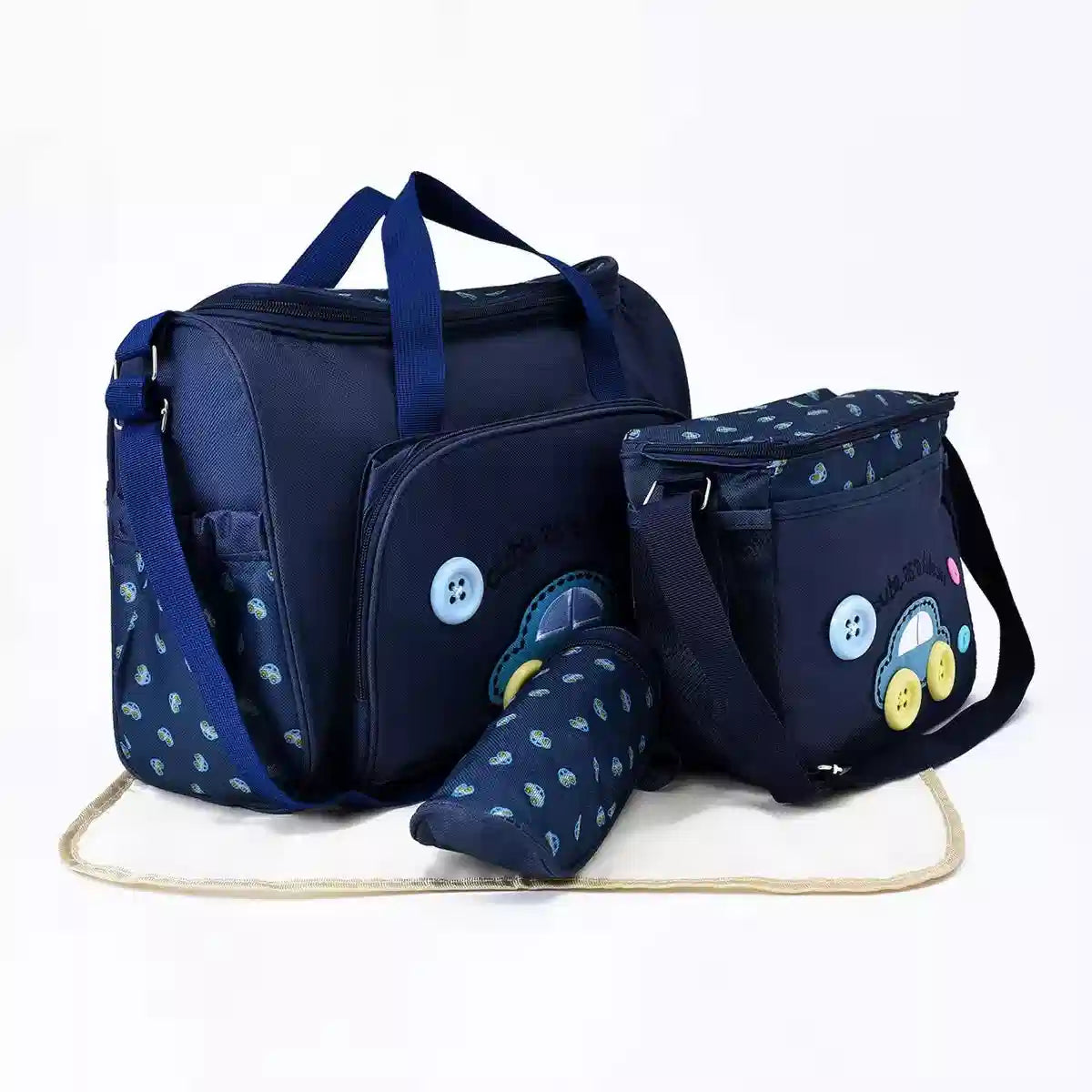 Dark blue 4-piece baby travel organizer bag set showing large and small bags