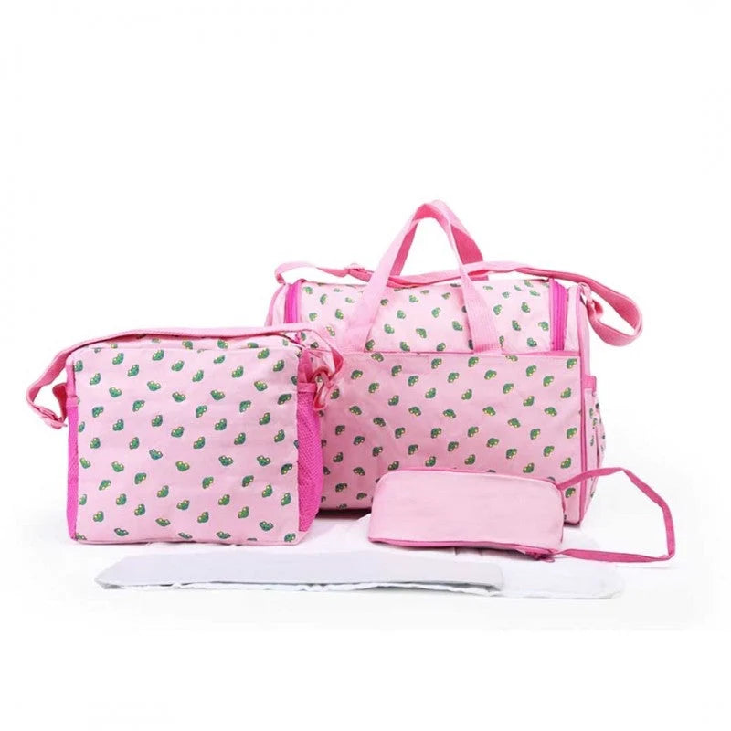 Pink baby travel organizer set showing large bag, small bag and accessories